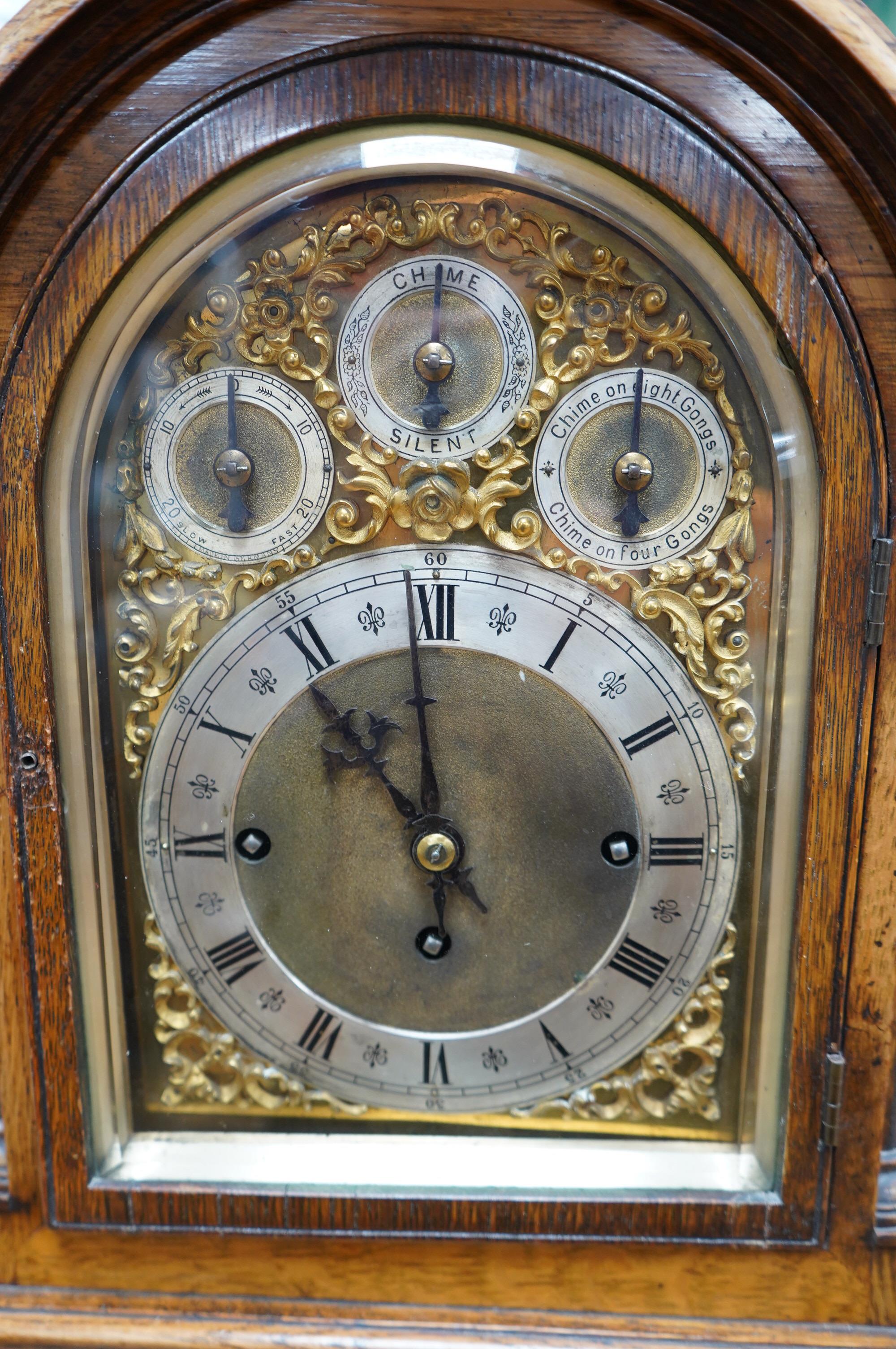 A Victorian W&H oak chiming three train bracket clock with key and pendulum, 46cm tall. Condition - fair to good.